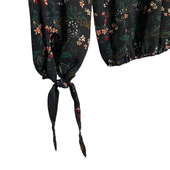 VERONICA M Black Floral Blouse Size Small Turtleneck Tie Sleeves - Picture 7 of 12
